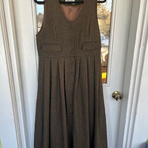 Women’s M/L Brown black handmade Herringbone Wool Sleeveless Button Dress